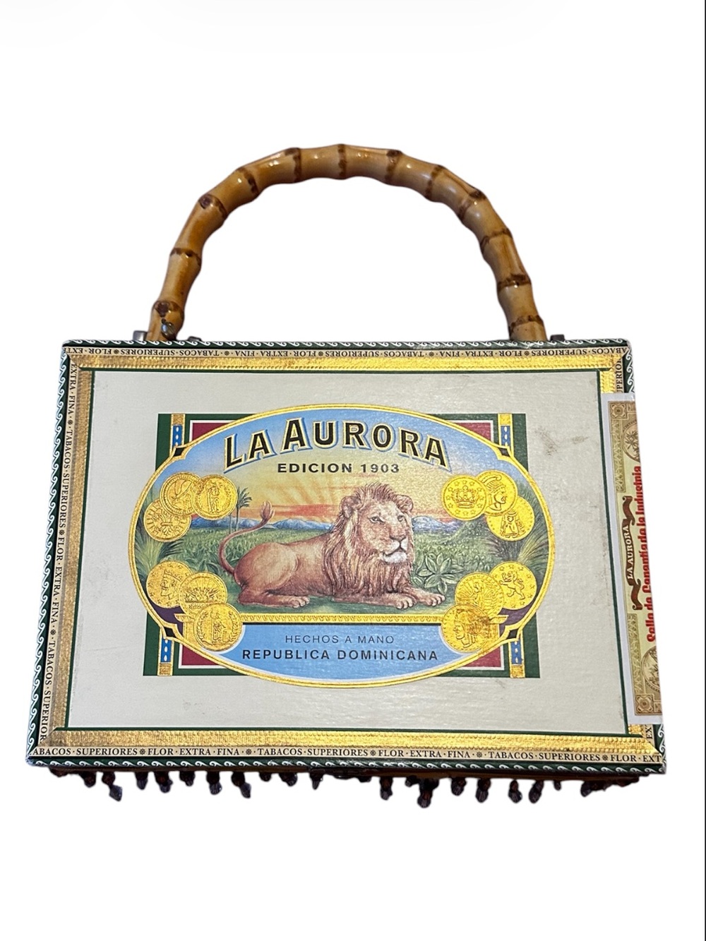 Vintage La Aurora Cigar Box Purse with Bamboo Handle